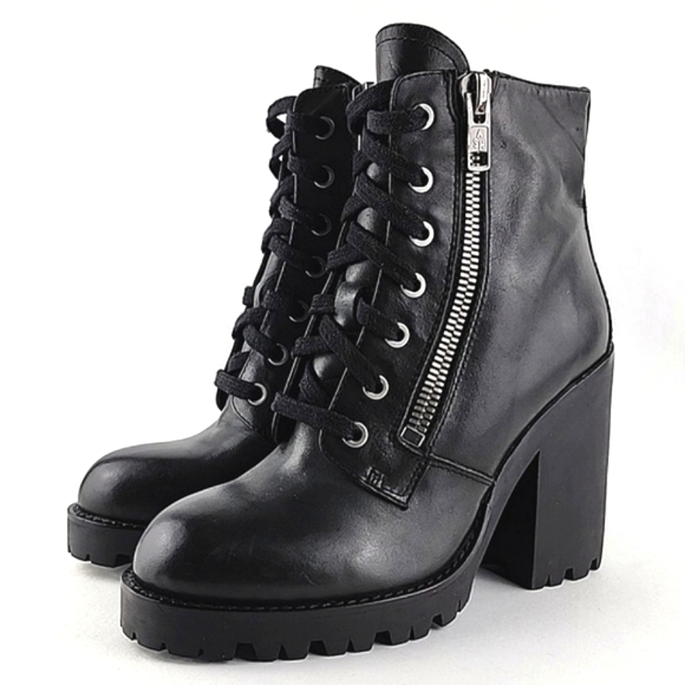ASH Women's Poker Heeled Black Leather Chunky Lace Up Dual Zipper Boots Size 37